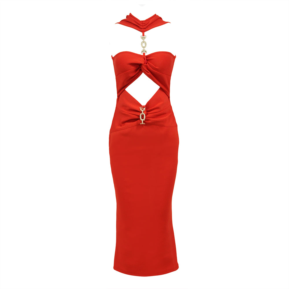 QING HOLLOW OUT RED HALTER MIDI DRESS