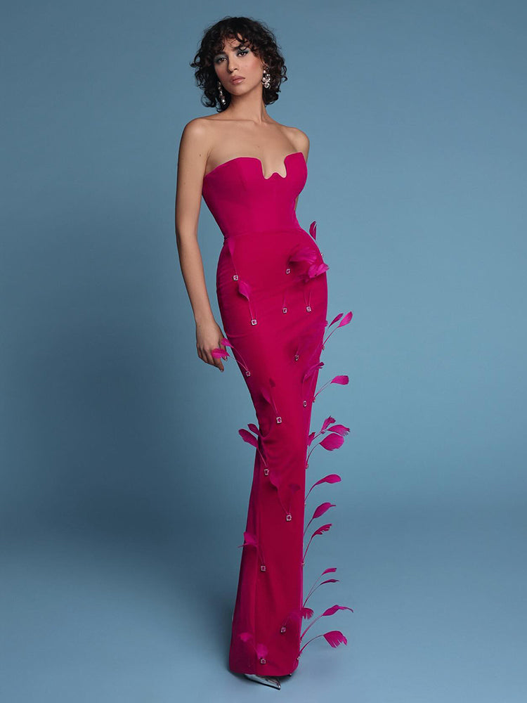 ZONIE HOT PINK FEATHER STRAPS MAXI DRESS