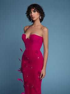 ZONIE HOT PINK FEATHER STRAPS MAXI DRESS