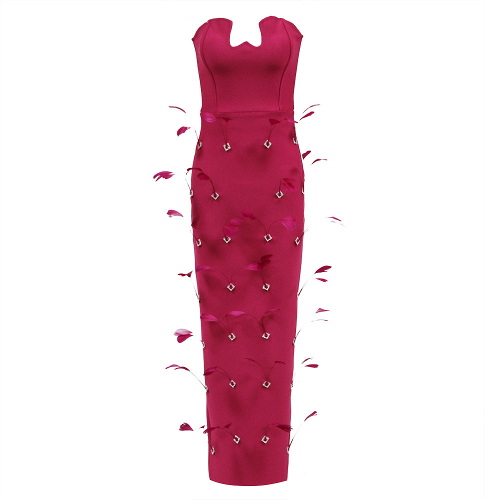 ZONIE HOT PINK FEATHER STRAPS MAXI DRESS