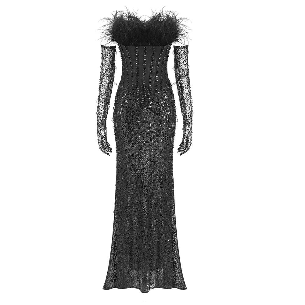 ORANS BLACK BEADED FEATHER MAXI DRESS