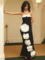 Charger l&#39;image dans la galerie, FRLOLINA WHITE FLOWERS TIED BLACK MAXI DRESS
