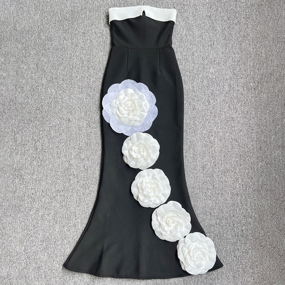 FRLOLINA WHITE FLOWERS TIED BLACK MAXI DRESS