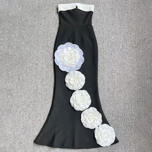 FRLOLINA WHITE FLOWERS TIED BLACK MAXI DRESS