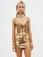 Load image into Gallery viewer, REDLE GOLD SEQUINS MINI DRESS
