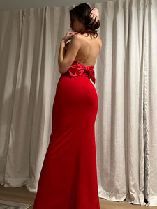 HLIKO RED BACKLESS SEXY MAXI DRESS