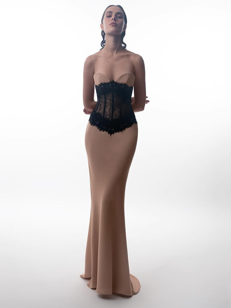 YUYU NUDE STRAPLESS MAXI DRESS