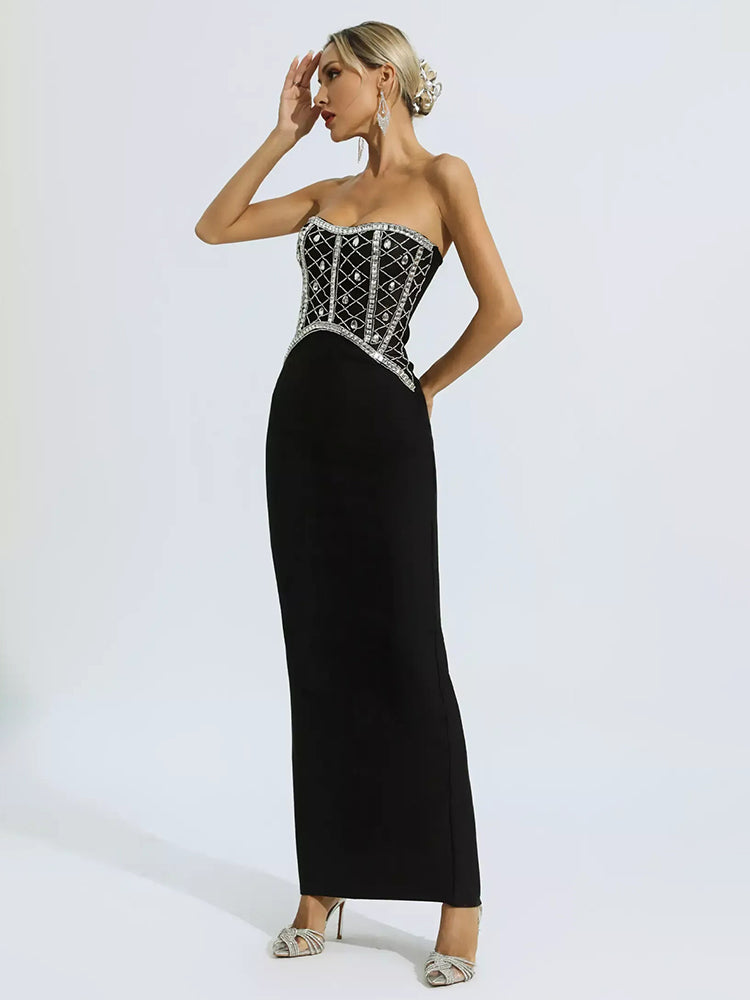 PENISE BLACK RHINESTONE ELEGANT MAXI DRESS