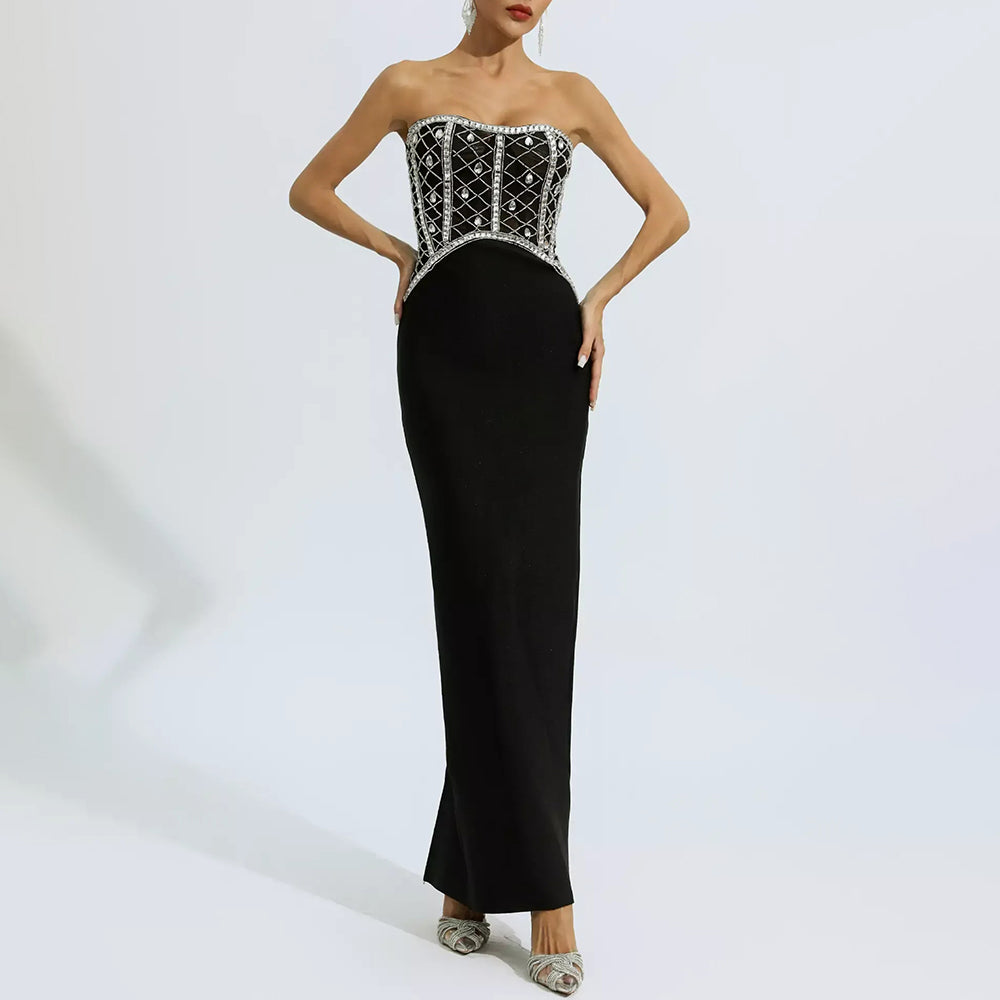 PENISE BLACK RHINESTONE ELEGANT MAXI DRESS