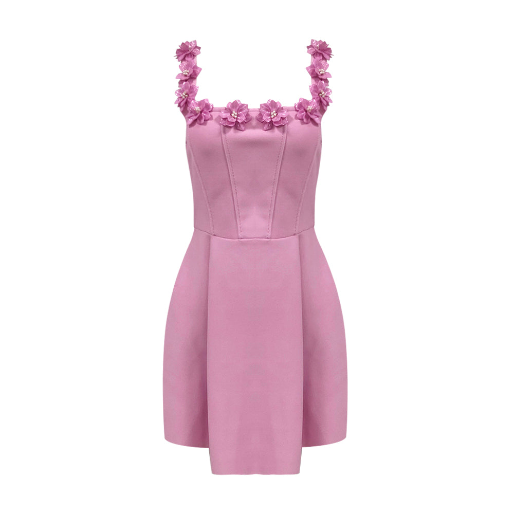 ZEHEN PINK FLOWER TIED SQUARE SLIM MINI DRESS