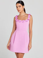 Load image into Gallery viewer, ZEHEN PINK FLOWER TIED SQUARE SLIM MINI DRESS
