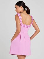 Load image into Gallery viewer, ZEHEN PINK FLOWER TIED SQUARE SLIM MINI DRESS
