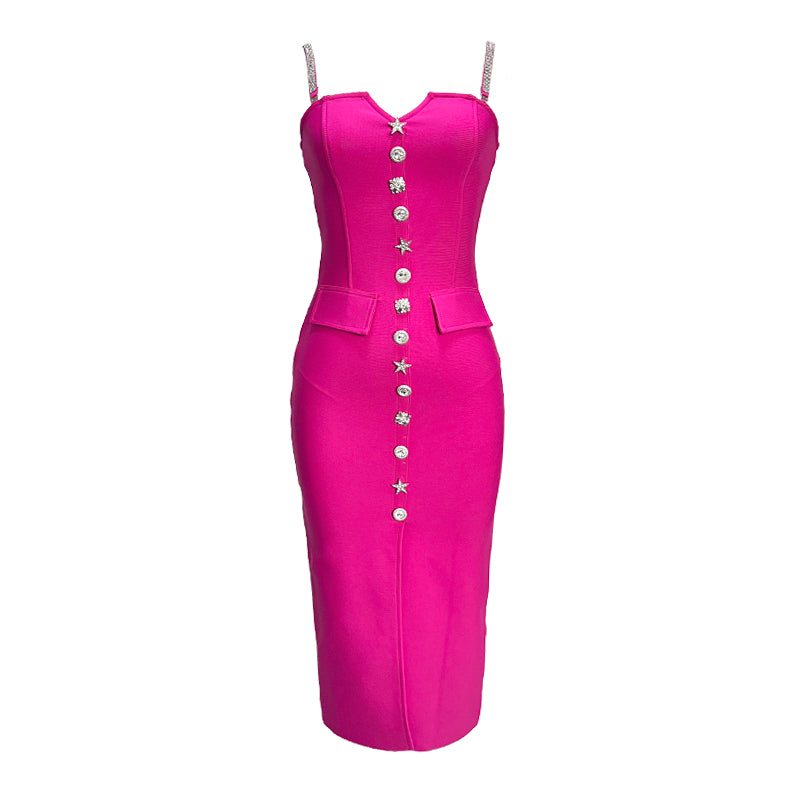 QLINKLE HOT PINK BUTTONS SPLIT MIDI DRESS