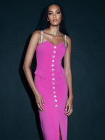 Load image into Gallery viewer, QLINKLE HOT PINK BUTTONS SPLIT MIDI DRESS
