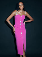 Load image into Gallery viewer, QLINKLE HOT PINK BUTTONS SPLIT MIDI DRESS
