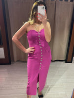 Load image into Gallery viewer, QLINKLE HOT PINK BUTTONS SPLIT MIDI DRESS
