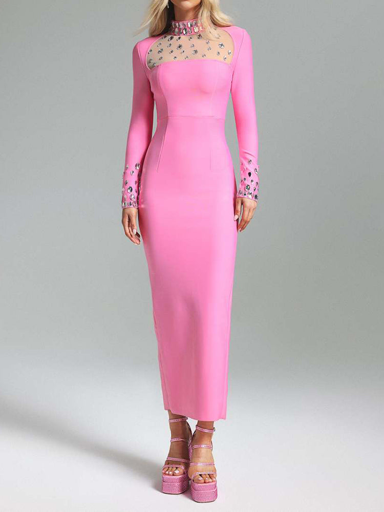 YANGE PINK CRYSTAL STRAIGHT MAXI DRESS