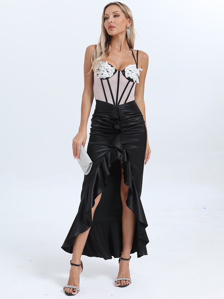 SEXEN HIGH SPLIT RUCHED BLACK MAXI DRESS