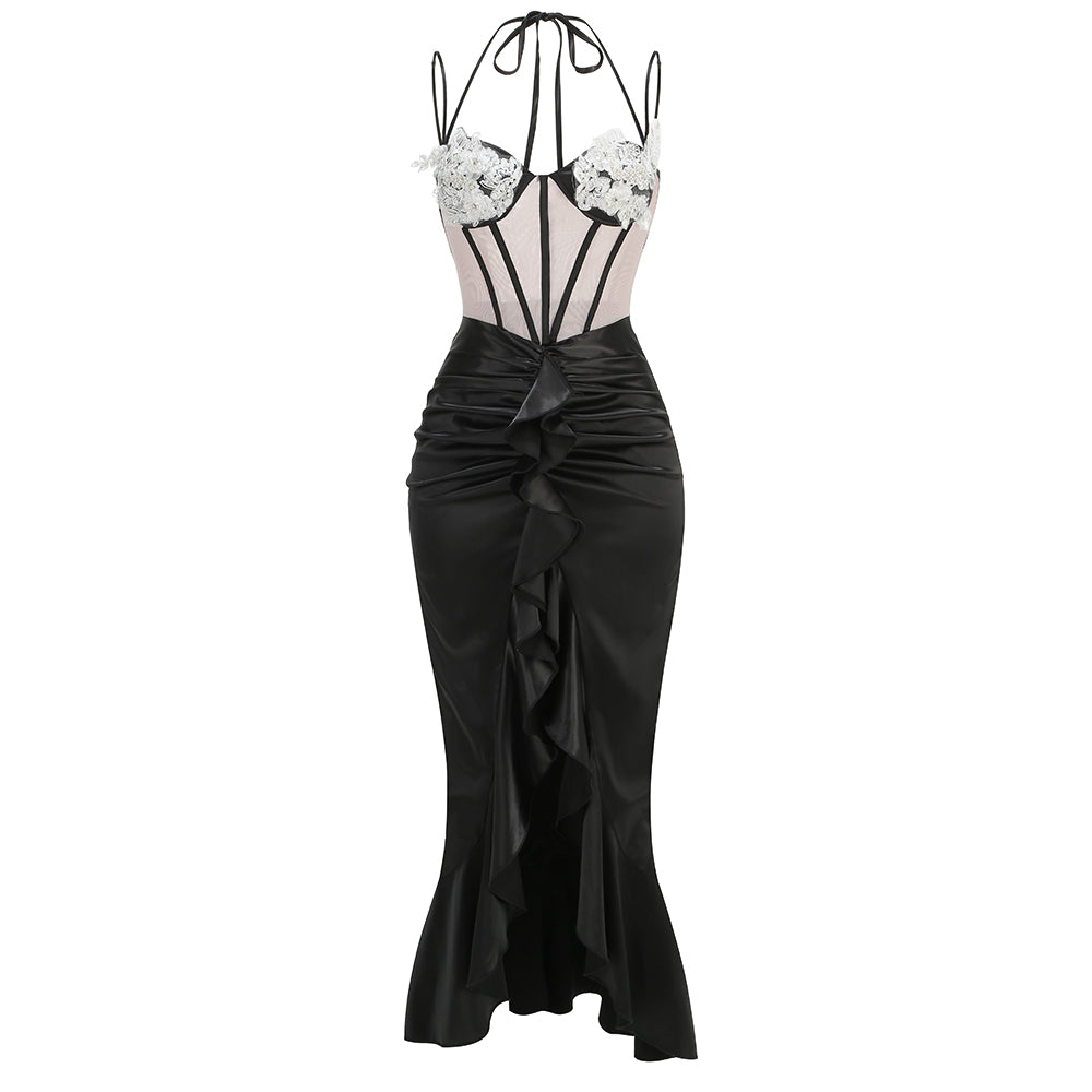 SEXEN HIGH SPLIT RUCHED BLACK MAXI DRESS