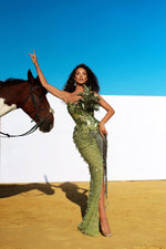 Carregar imagem no visualizador da galeria, Ella Green Feather Shining Sequins Maxi Dress
