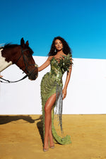 Charger l&#39;image dans la galerie, Ella Green Feather Shining Sequins Maxi Dress
