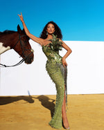 Charger l&#39;image dans la galerie, Ella Green Feather Shining Sequins Maxi Dress
