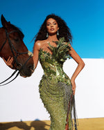 Charger l&#39;image dans la galerie, Ella Green Feather Shining Sequins Maxi Dress
