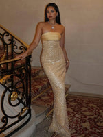 Carregar imagem no visualizador da galeria, ETTA STRAPLESS GOLD PEARLS LONG DRESS
