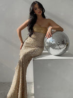 Carregar imagem no visualizador da galeria, ETTA STRAPLESS GOLD PEARLS LONG DRESS
