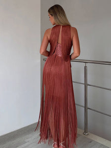 ANGELIA HALTER TASSEL LONG DRESS