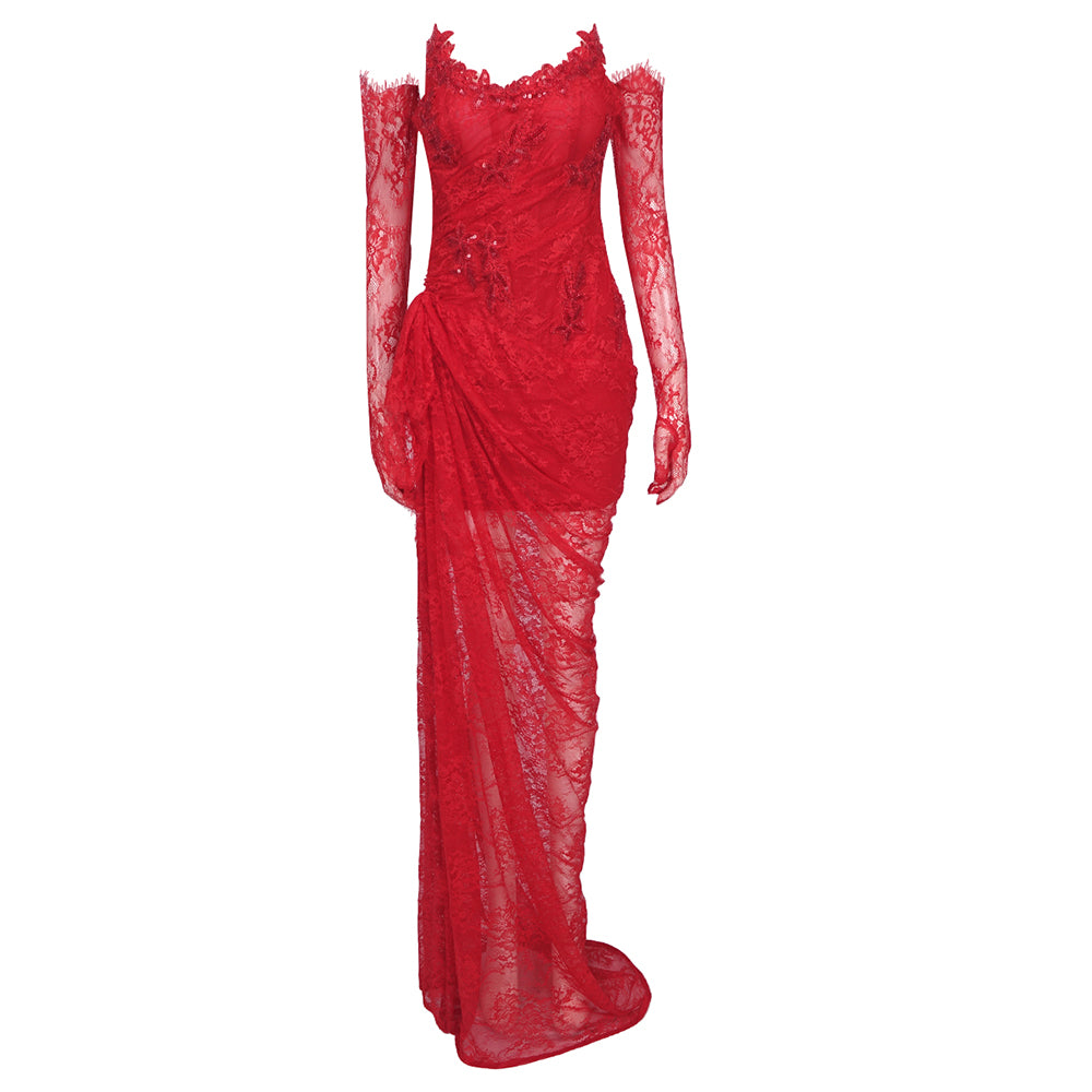 KATEO RED LACE LONG DRESS WITH GLOVES