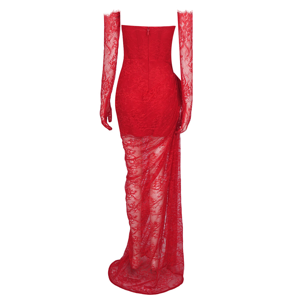 KATEO RED LACE LONG DRESS WITH GLOVES