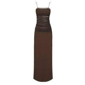 OQTAN BROWN BANDAGE PATCHWORK MESH LONG DRESS