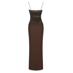 OQTAN BROWN BANDAGE PATCHWORK MESH LONG DRESS