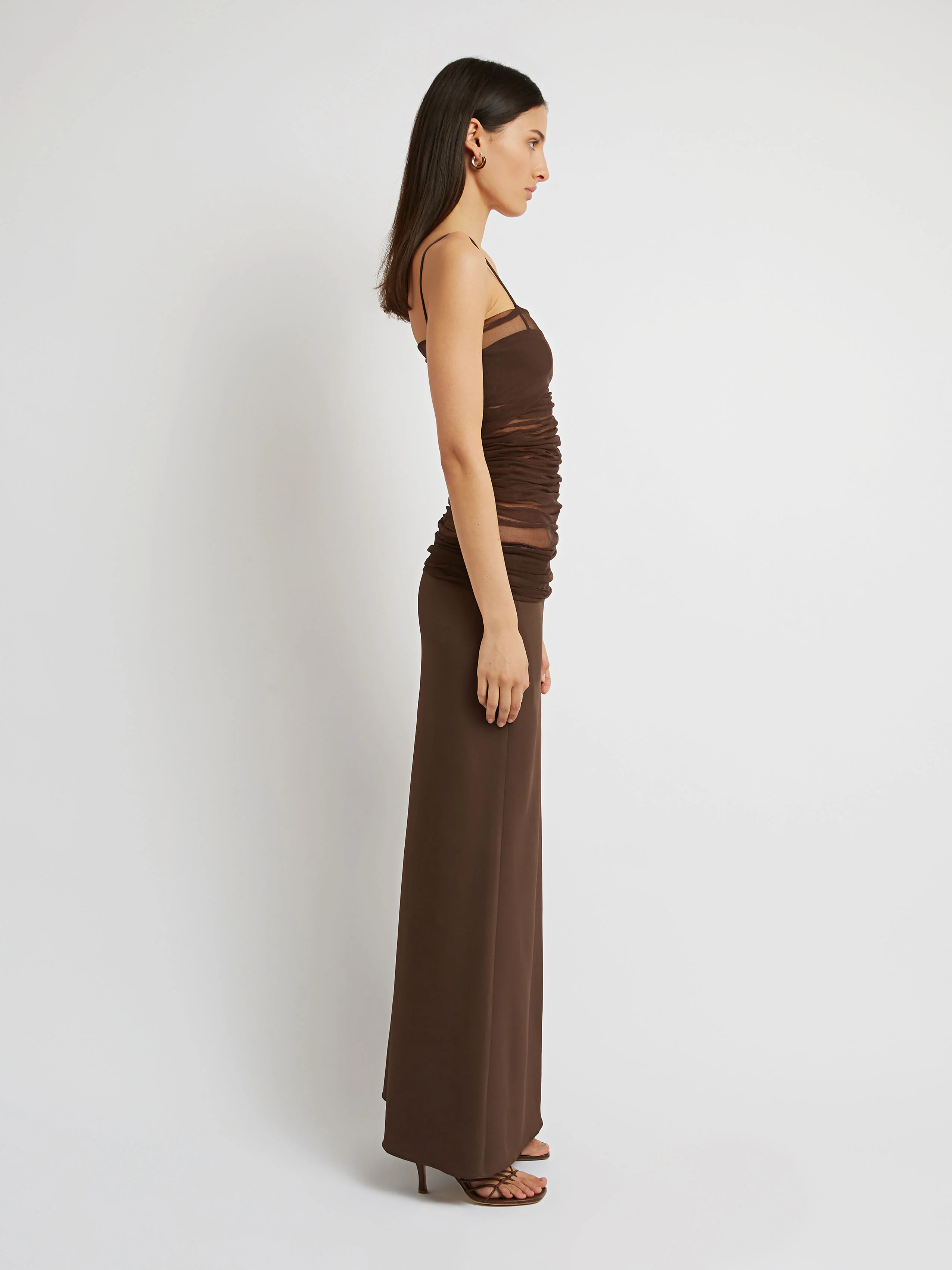 OQTAN BROWN BANDAGE PATCHWORK MESH LONG DRESS