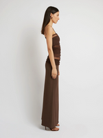 Cargar imagen en el visor de la galería, OQTAN BROWN BANDAGE PATCHWORK MESH LONG DRESS
