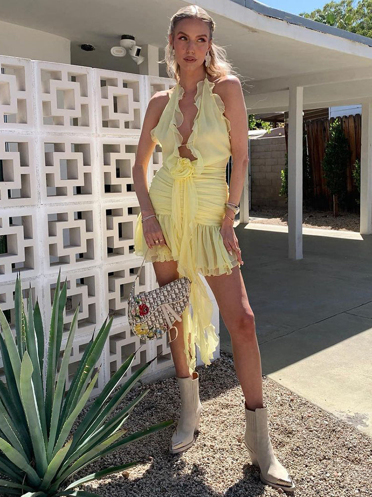 AOJIA LIGHT YELLOW CHIFFON MINI DRESS