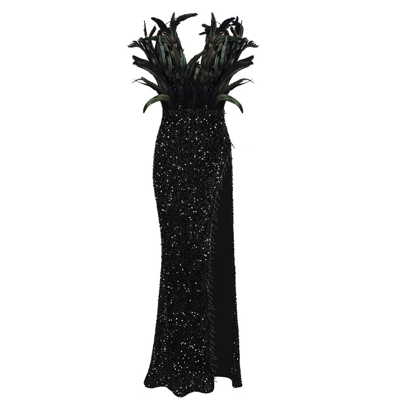 SARA BLACK SEQUINS FEATHER MAXI DRESS