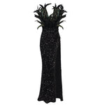 Load image into Gallery viewer, SARA BLACK SEQUINS FEATHER MAXI DRESS
