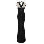 Load image into Gallery viewer, SARA BLACK SEQUINS FEATHER MAXI DRESS
