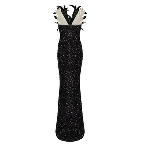 SARA BLACK SEQUINS FEATHER MAXI DRESS