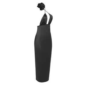 FERN BLACK SATIN MIDI DRESS